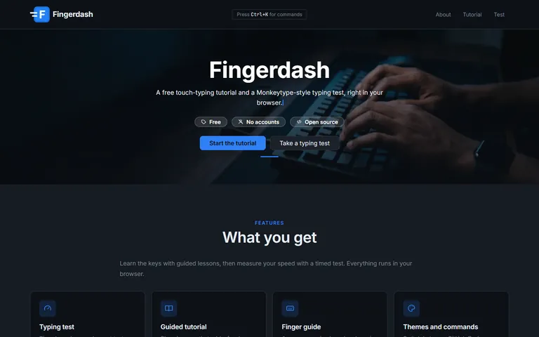 Fingerdash home page: the headline and the tagline, a free touch-typing tutorial and typing test right in your browser, over a photo of hands on a keyboard, with Start the tutorial and Take a typing test buttons.