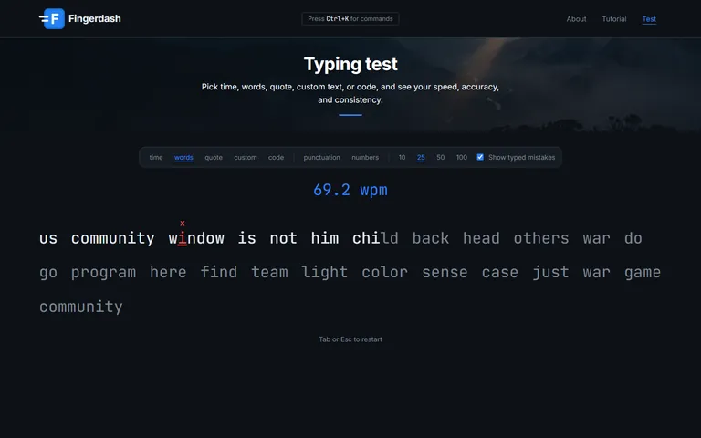 The typing test partway through a run in words mode: the mode bar, a live speed reading, and the typed words in white with one mistyped letter marked in red.