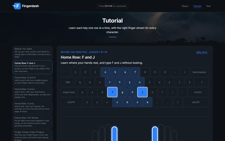The tutorial on the Home Row: F and J lesson, with an on-screen keyboard highlighting the F and J keys and finger guides below it.