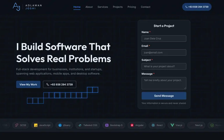 The home page: the headline I Build Software That Solves Real Problems, a Start a Project form beside it, and a scrolling strip of tools underneath.