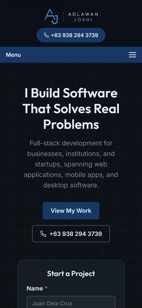 The home page on a phone, with the menu button at the top and the headline and buttons stacked in one column.
