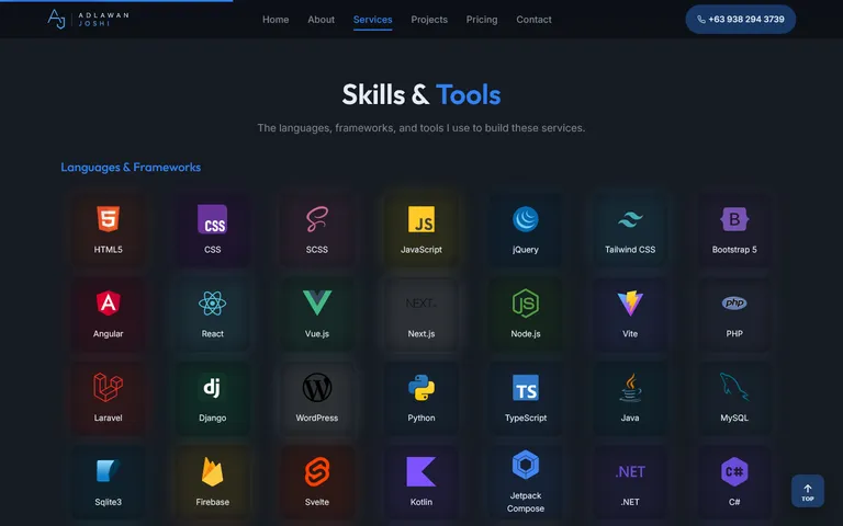 The Services page showing a grid of glowing tiles for languages and frameworks, including HTML5, CSS, JavaScript, Angular, React, and Python.