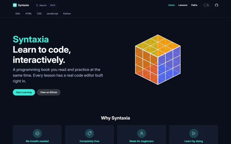 Syntaxia home page: the headline Learn to code, interactively, next to an illustrated 3D cube, with Start Learning and View on GitHub buttons.