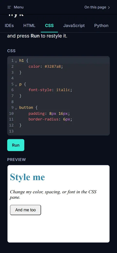 The same lesson on a phone, with the code editor and its live preview stacked one above the other.